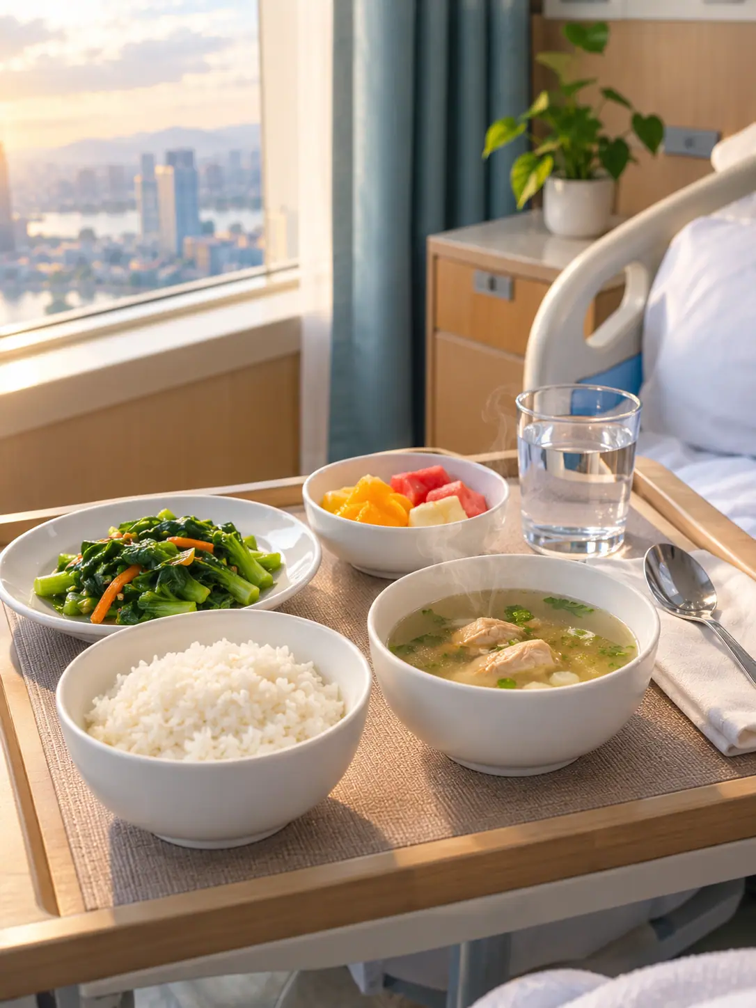 A halal meal of rice, soup, greens and fruit on a hospital tray