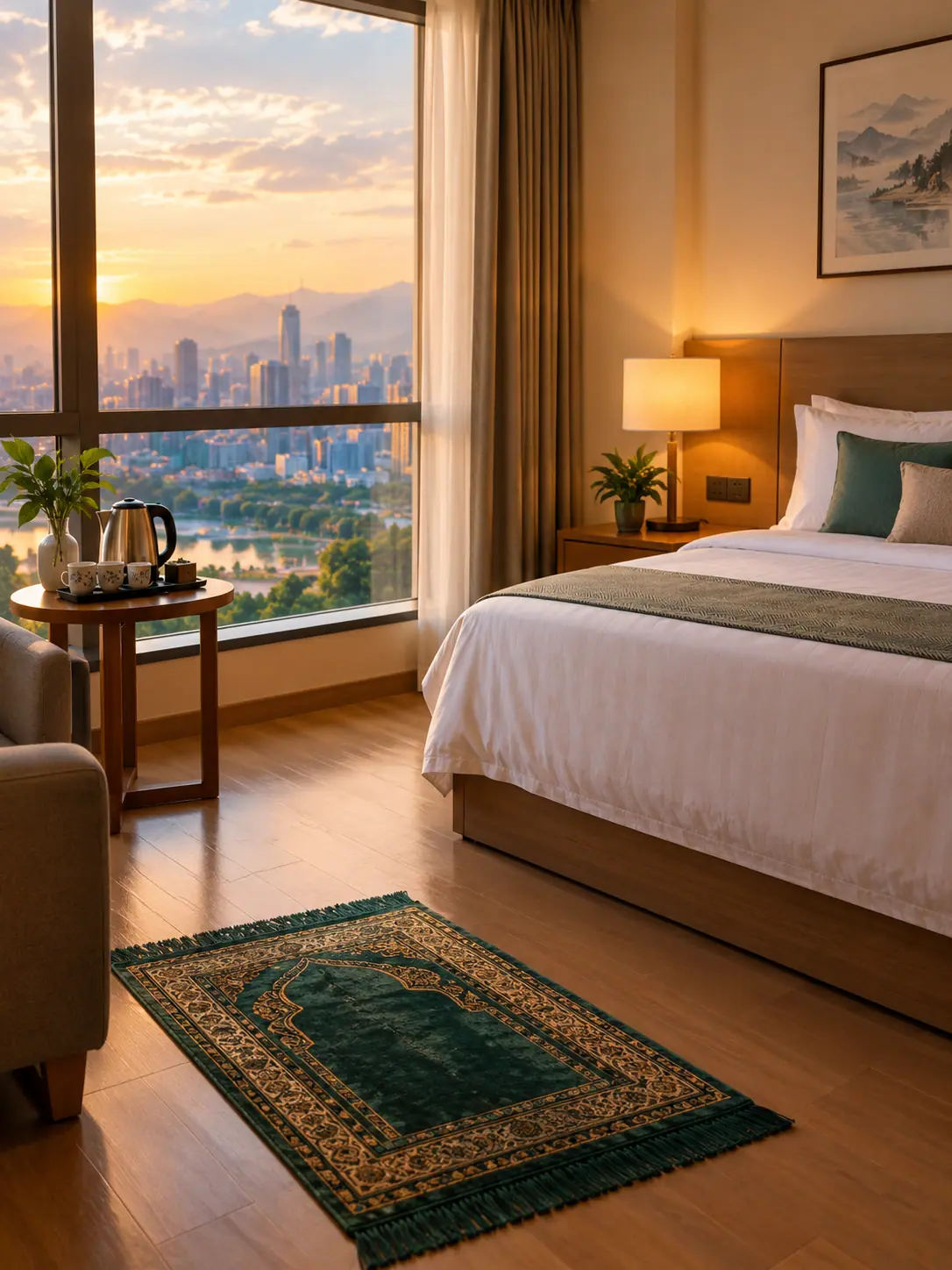 A calm apartment room with a prayer mat by the window