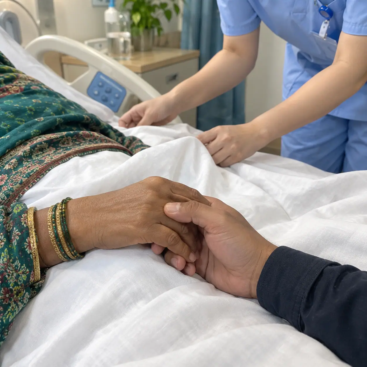 A mother's hand in her son's hand while a nurse tucks in the blanket