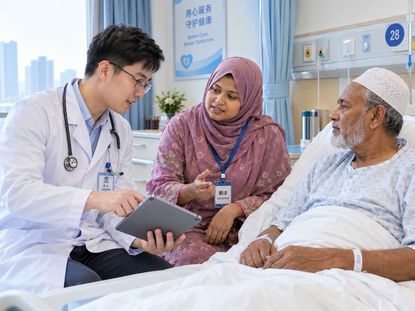 A doctor explaining on a tablet while an interpreter translates