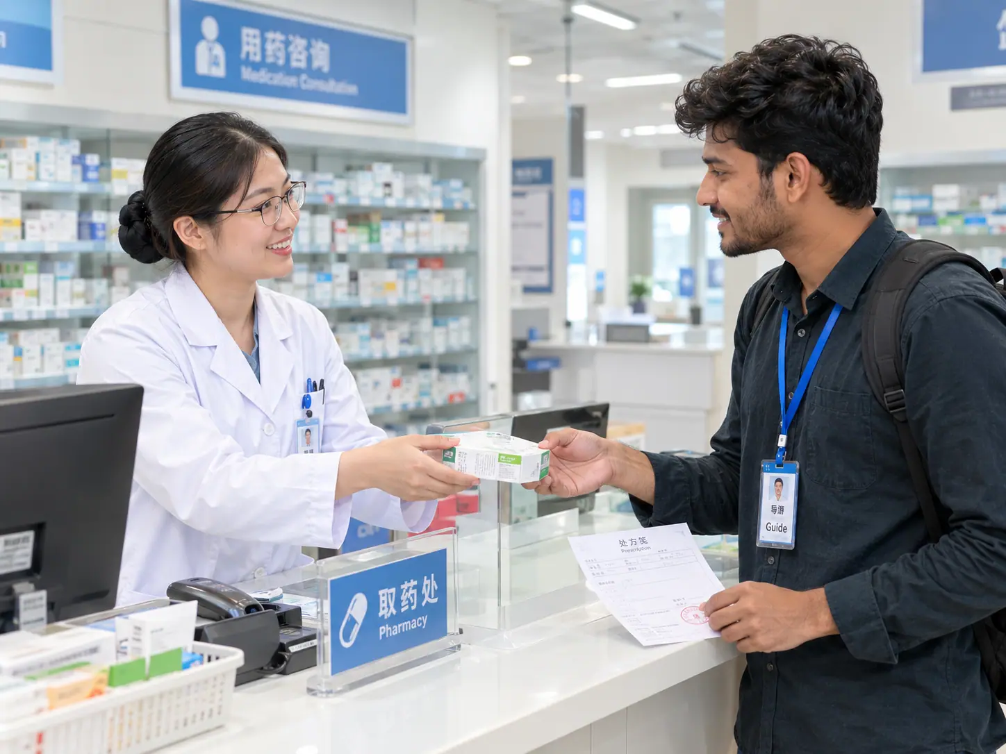 The guide collecting medicine at the hospital pharmacy