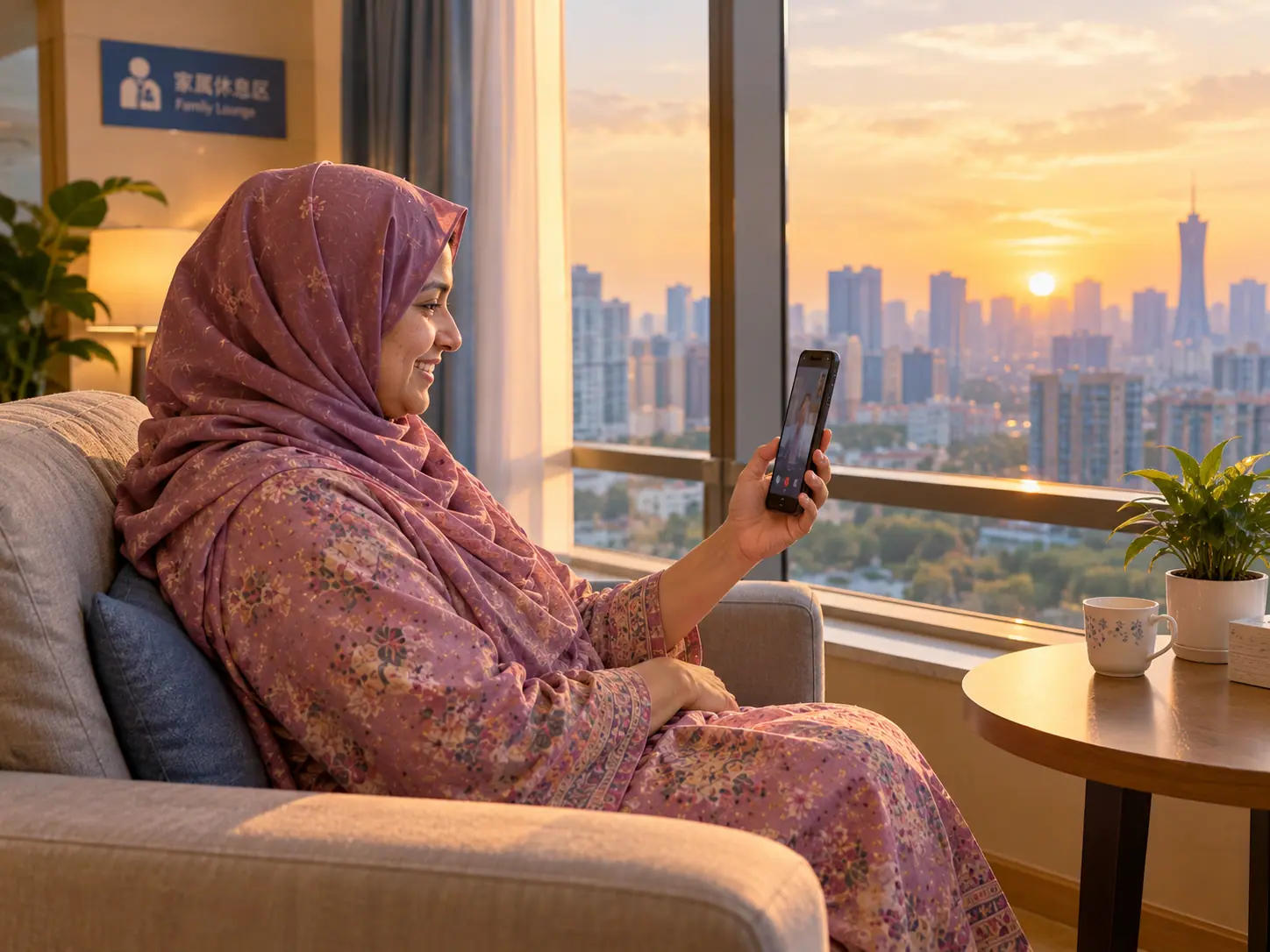 A video call home from the hospital lounge
