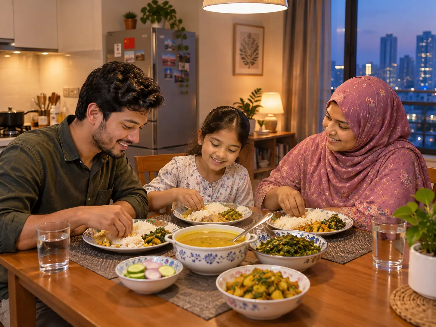A family sharing dinner in the apartment