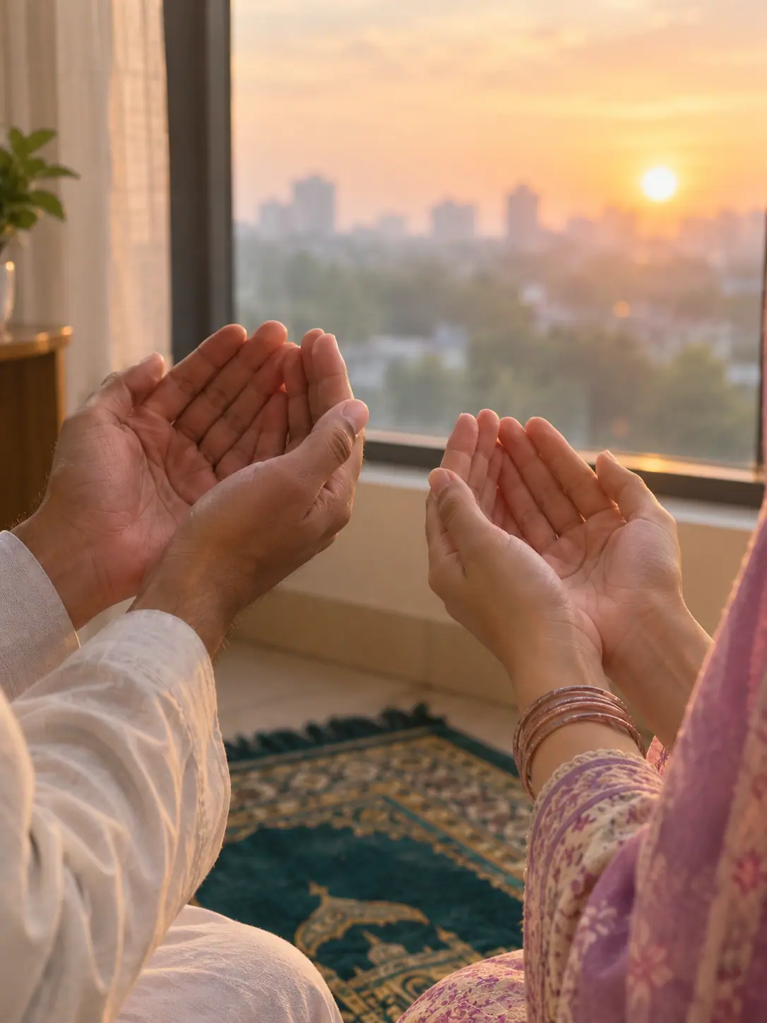 A husband's and a wife's hands raised together in dua