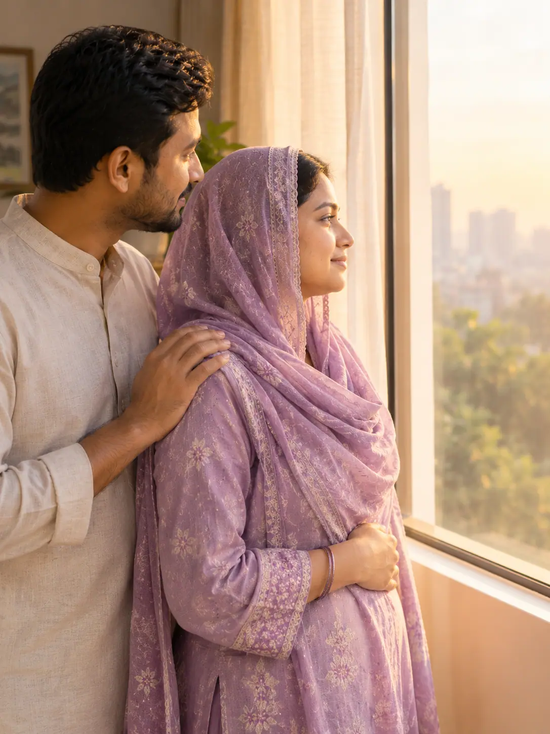 A wife and husband by a sunny window, hopeful