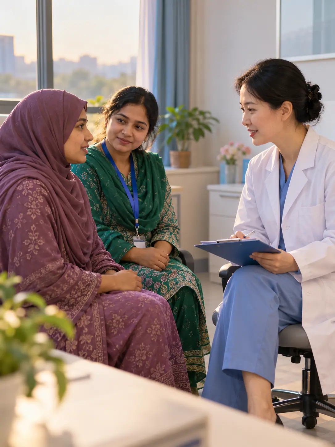 A wife with a woman doctor and a woman guide