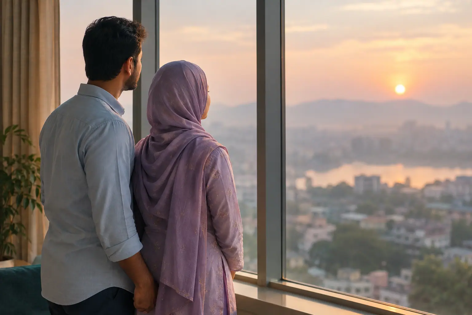 A couple standing together by a window at dawn, hands joined