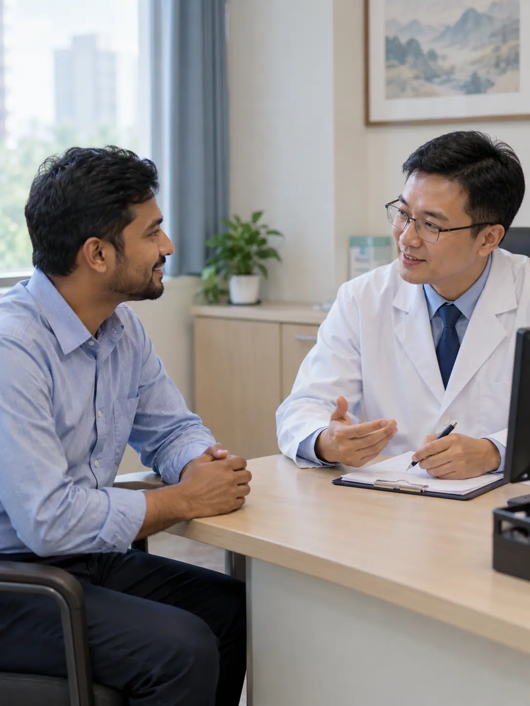 A husband in a private consultation with a doctor