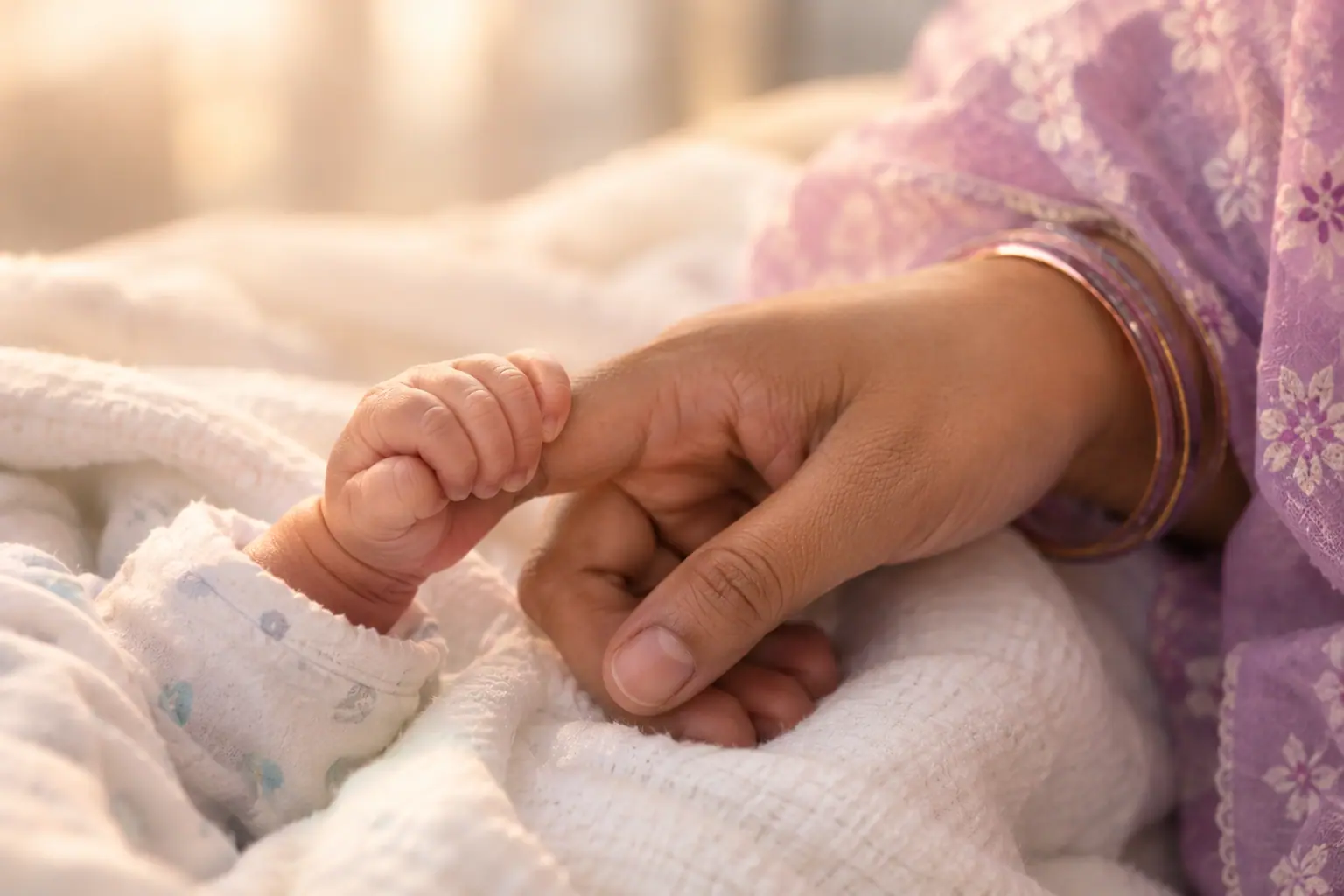 A newborn's hand holding a mother's finger