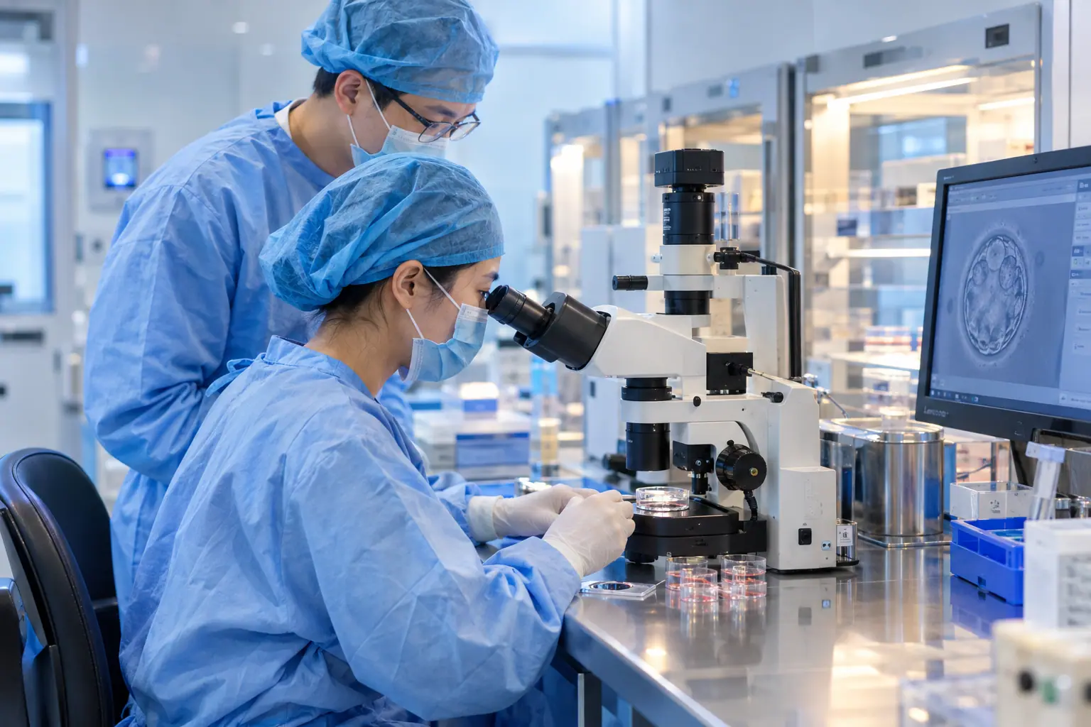 Embryologists working carefully at a microscope