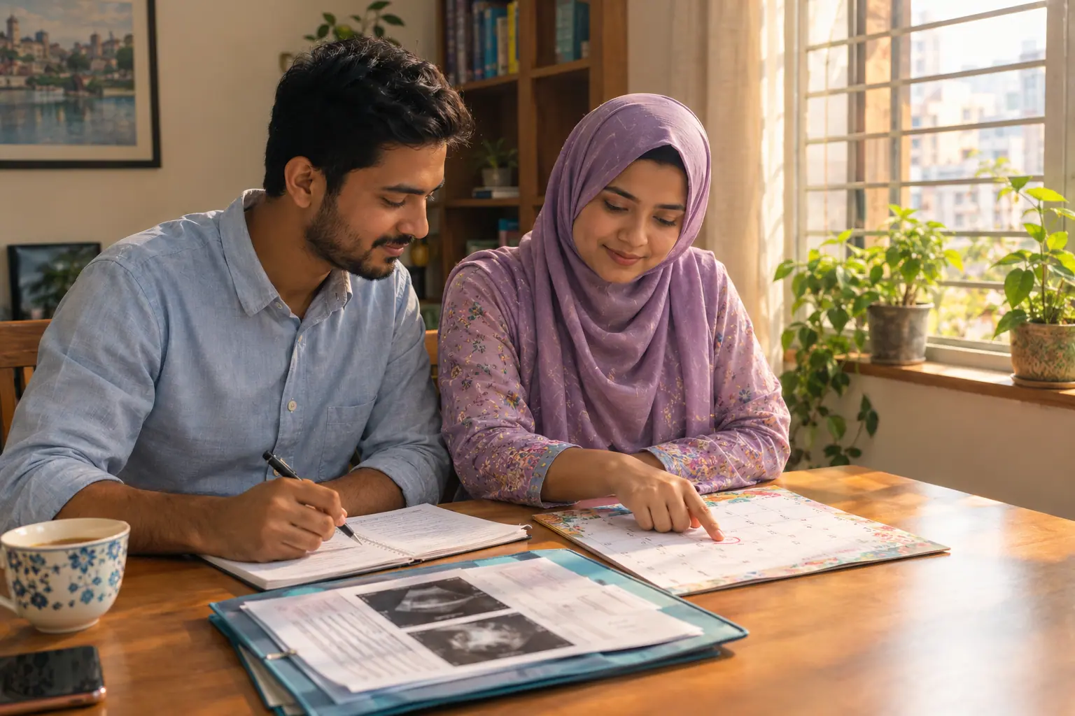 A couple planning dates on a calendar at home