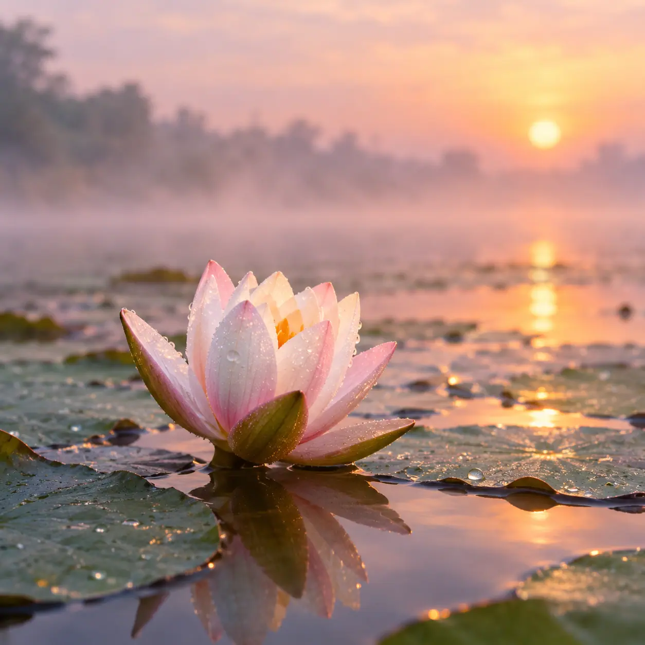 A shapla water lily opening at dawn