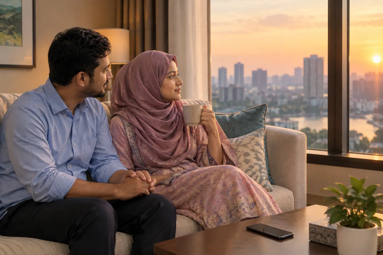 A couple waiting calmly together by a window