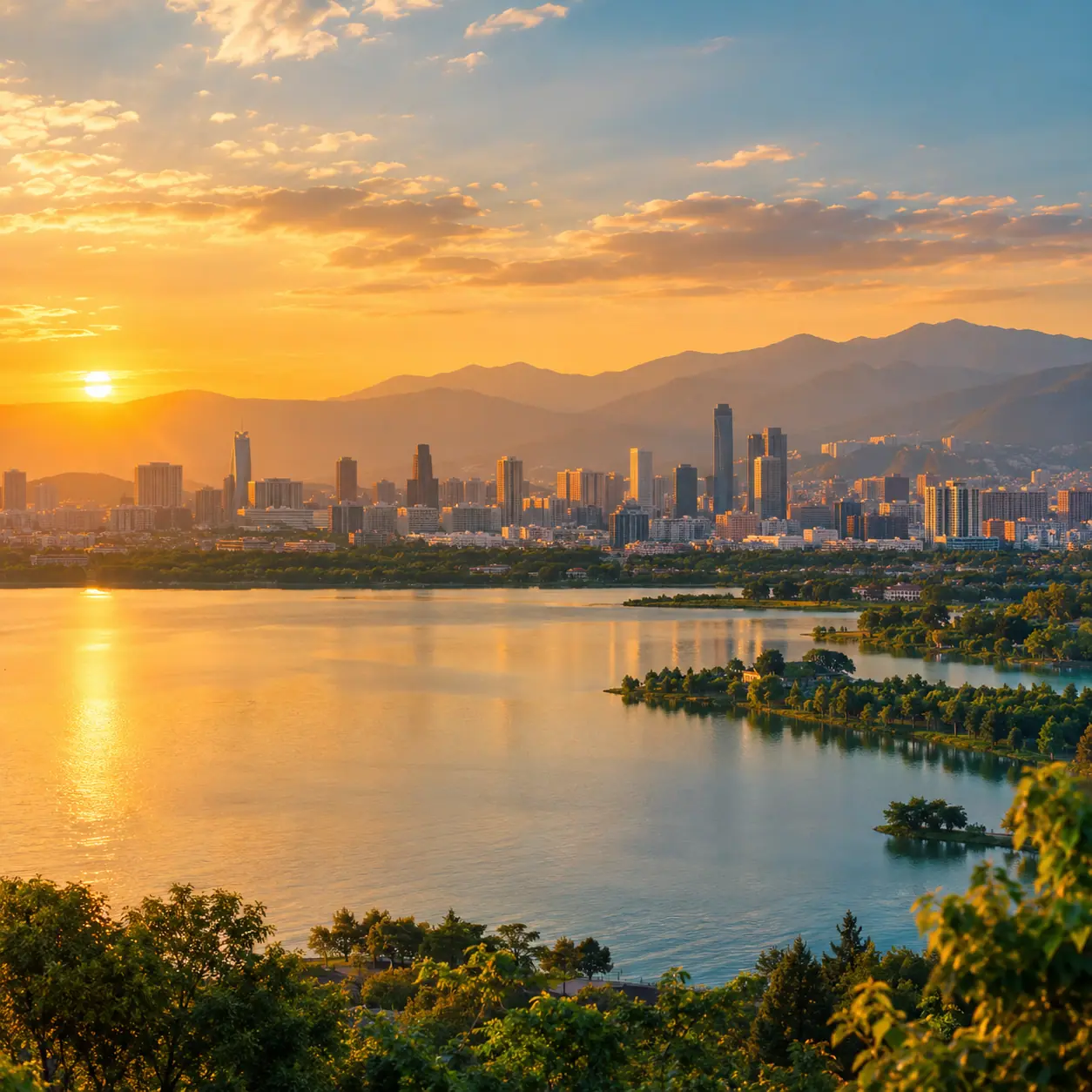Kunming at golden hour, Dianchi lake and the city beneath green hills