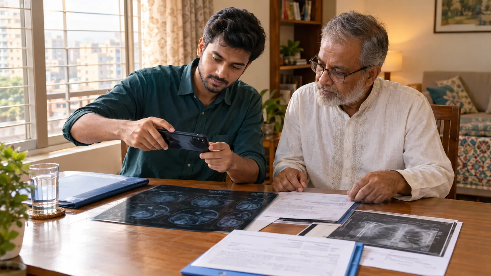 A son photographing his father's medical reports at home in Dhaka
