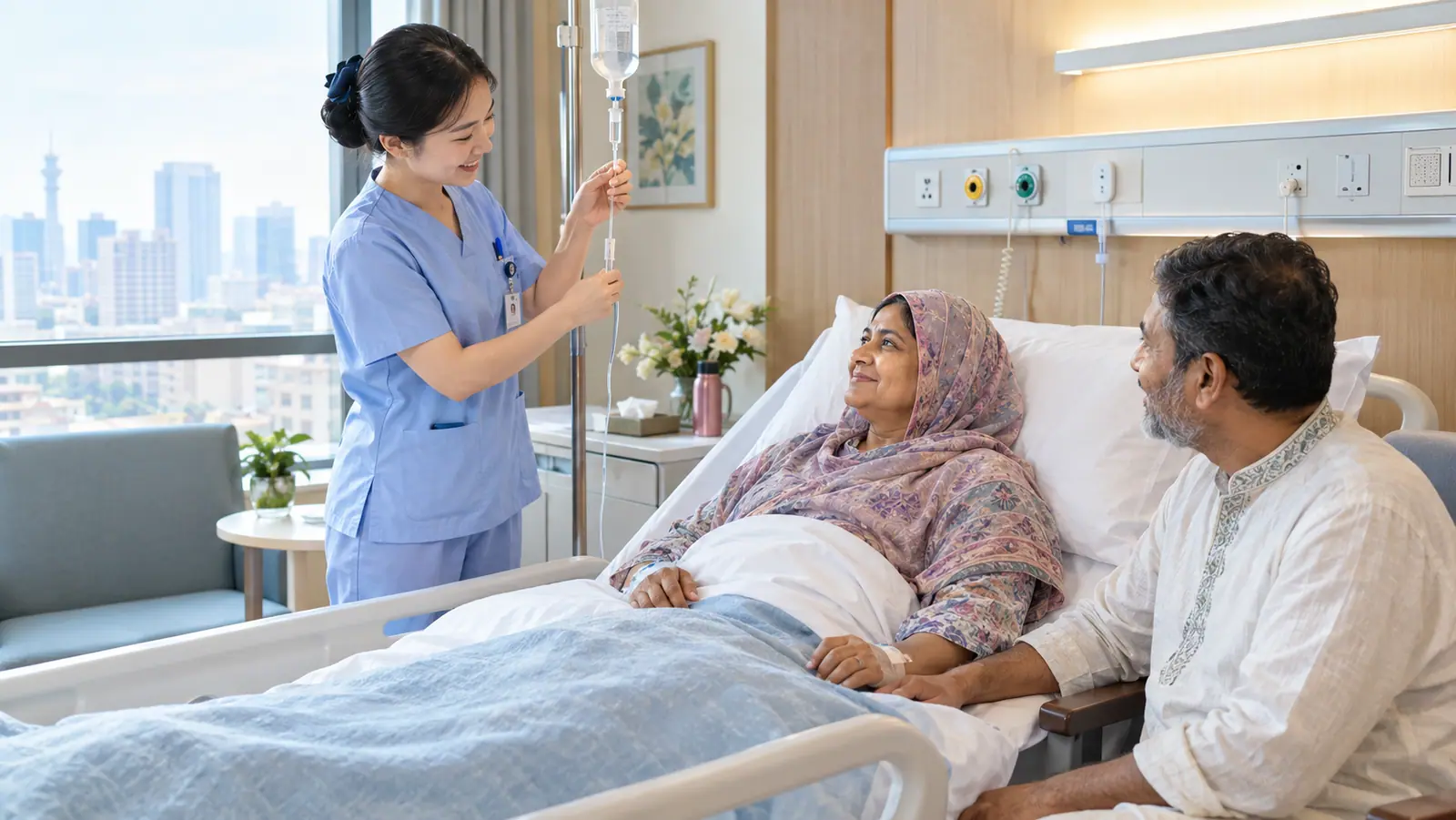 A Chinese nurse checking the drip of a Bangladeshi patient, her husband beside her
