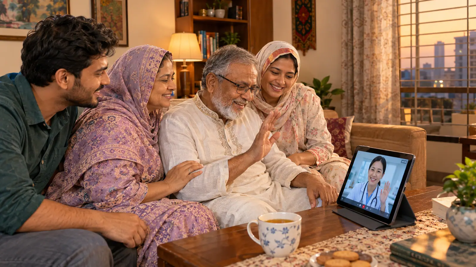 A family at home on a video call with a doctor in China