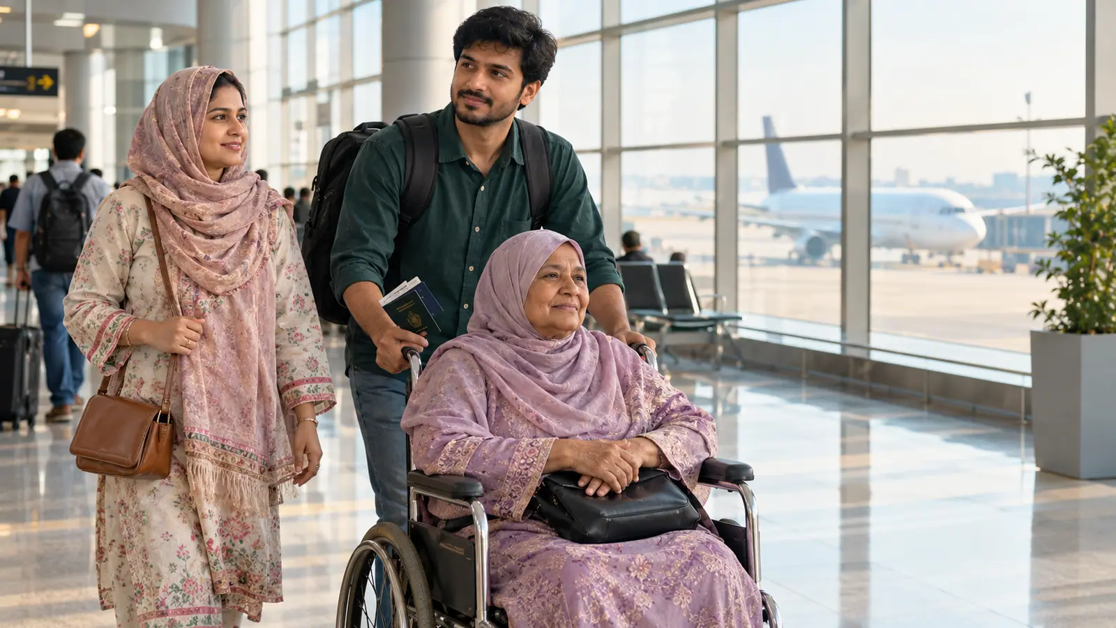 A family at the airport, the mother in a wheelchair